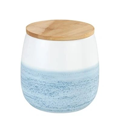 Afbeelding van WENKO Voorraadpot Mala 1 liter, hoogwaardige, witte keramieken pot met aquareldecoratie in blauw, FSC® gecertificeerd bamboe deksel en siliconen ring voor luchtdichte opslag, Ø 13 x 13,5 cm