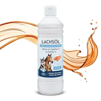 Afbeelding van 500 ml zalmolie voor honden, katten en paarden, rijk aan omega 3 6 vetzuren, 100% natuurlijke visolie in verpakking van 0,5 liter