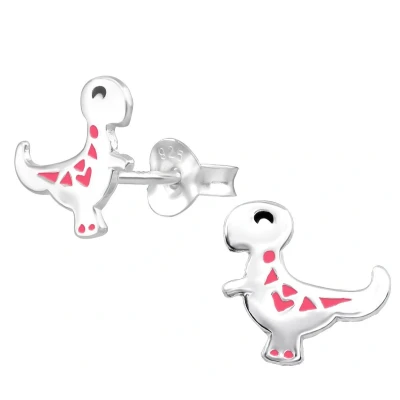 Afbeelding van JoyS Zilveren dino oorbellen 10 x 9 mm zilver met roze dinosaurus kinderoorbellen