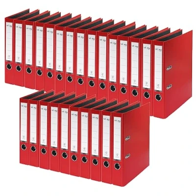 Afbeelding van VON Leitz 10560025 Ordner A4, 25 stuks, karton met kunststof omslag, 50 mm rugbreedte, voor 350 vellen, blauwe engel en FSC gecertificeerd, school, studie thuis, rood
