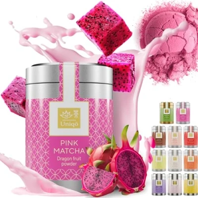 Afbeelding van Tea Uniqo Roze Matcha Theepoeder Ideaal voor het drinken, ijs, latte, shakes, bakken of koken drakenvruchtpoeder, 100% natuurlijk, in blik superfood van pitaya poeder