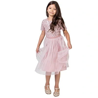 Afbeelding van Maya Deluxe Midi jurk voor meisjes bruiloft met lovertjes versiering korte mouwen prom verjaardagsfeestje bruidsmeisje, Frosted Roze, 7 8 jaar