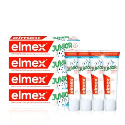 Afbeelding van elmex Tandpasta Junior 6 12 jaar, 4 x 75 ml, medische tandreiniging met 1400 ppm fluoridegehalte voor zeer effectieve bescherming van cariës, versterkt de nieuwe, permanente tanden