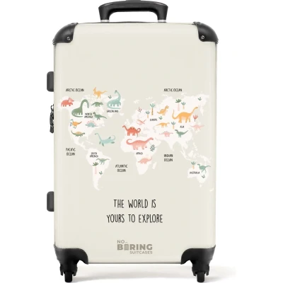 Afbeelding van NoBoringSuitcases.com® Kinderkoffer jongen Kindertrolley jongens Dino wereldkaart Koffer kind groot Rolkoffer lichtgewicht Reiskoffer met 4 wielen Grote trolley XL 20 kg bagage