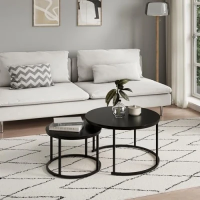 Afbeelding van Salontafel set van 2 ronde houten woonkamertafel, modern, bijzettafelset in 1 met metalen frame voor woonkamer, kantoor, bijzettafel, loft design, twin, zwart