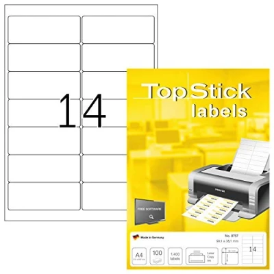 Afbeelding van TopStick 8757 adresstickers A4 (99,1 x 38,1 mm, 100 velle, papier, mat) zelfklevend, bedrukbaar, permanente klevende universele etiketten, 1.400 etiketten voor printer, wit