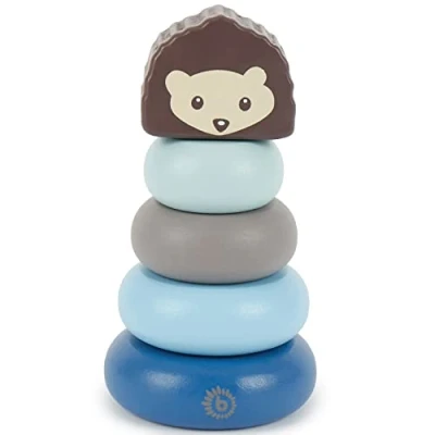 Afbeelding van Bieco stapeltoren houten egel 13,5 cm, blauw baby vanaf 1 jaar 5 st. Stapelpiramide modern stapelspel kleuren ringpiramide ringentoren stapelringen
