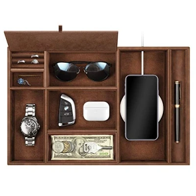 Afbeelding van SITHON Valet Tray Desktop Organizer 8 Compartimenten Catchall EDC lade PU lederen nachtkastje ijdelheid caddy muntendoos sleutel sieraden opslag organizer, (bruin)