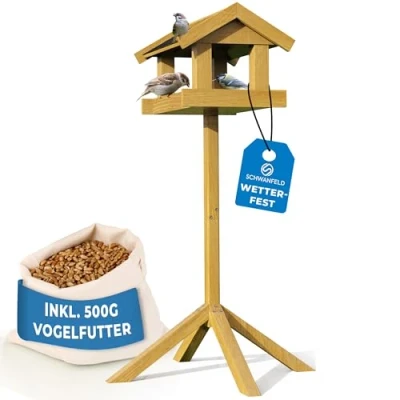 Afbeelding van Schwanfeld® Vogelhuis met standaard, weerbestendig, voor alle soorten vogels, inclusief 500 g vogelvoer, vogelvoederhuis weerbestendig en duurzaam, veilig voederhuis 1,2 m