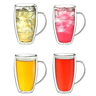 Afbeelding van Creano Theeglas, koffieglas, dubbelwandig, thermisch glas, met handvat, groot, van borosilicaatglas, 4 x 400 ml