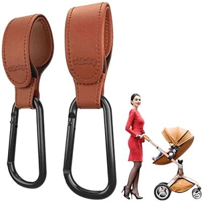 Afbeelding van Edibaby, Kinderwagenhaken, Accessoires, van Leer, 2 Stuks, Universeel Gebruik, Karabijnhaken voor Kinderwagens het Ophangen Tassen, Rugzakken, Portemonnees etc. (Bruin)