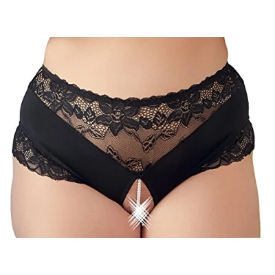 Afbeelding van Cottelli Plus Size Open Kruis Slip met Kant en Parelketting Stimulerend Sierlijk voor de Hete Avonden Maat L Zwart