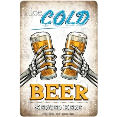 Afbeelding van DODINO 20 x 30 cm metalen borden ICE COLD BEER SERVED HERE, decoratief woonaccessoire, bord bier, bier bord, voor alle bar toonbank of pub eigenaar