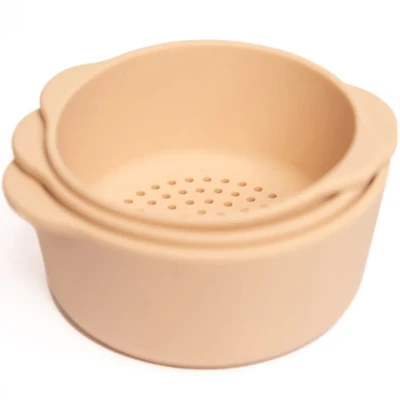 Afbeelding van Inspire My Play Stapelbare siliconen bakjes en zeef, perfect accessoire voor sensorische PlayTray, Tuff Tray, speelgoed vroege ontwikkeling activiteiten, 3 delig, natuur