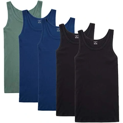 Afbeelding van NUOZA heren tanktop 5 pack fijn rib spieren shirts katoen alle maten en kleuren zwart blauw olijfgroen,L