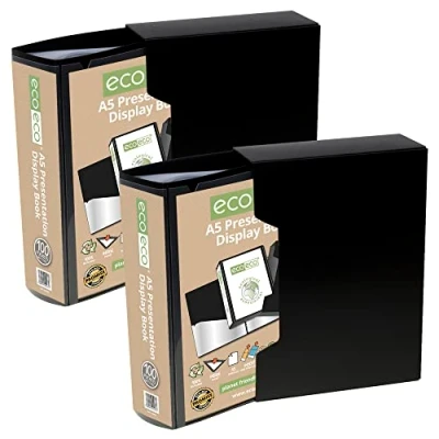 Afbeelding van eco A5 formaat 50% gerecycled 100 vakken zwart presentatie display boek, opbergkoffer portfolio kunstmap met plastic hoezen zwarte displaydoos, (Pack van 2 boeken) eco065x2