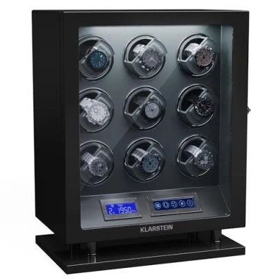 Afbeelding van Klarstein Horloge Oproller voor Automatische Horloges Horlogewinder 9 Met Acryl Deur Blauwe LED&#039;S 5 TPD Instellingen Zwart