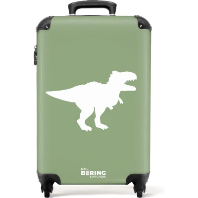 Afbeelding van NoBoringSuitcases.com® Kinderkoffer jongen Kindertrolley jongens Groen met T rex dino Handbagage koffer lichtgewicht Reiskoffer trolley kinderen Rolkoffer wieltjes Koffertje Past binnen 55x40x20 en 55x35x25