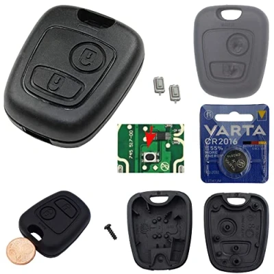 Afbeelding van Peugeot sleutel draadloze afstandsbediening 2 toetsen behuizing set 106 206 207 306 307 806 autosleutel batterij microknop nieuw