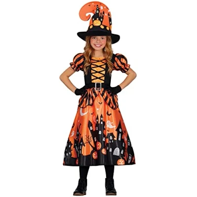 Afbeelding van Guirca Heks &amp; Spider Lady Voodoo Duistere Religie Kostuum Oranje Pompoensoep Meisje Oranje, Zwart 10 12 jaar Halloween Verkleedkleding