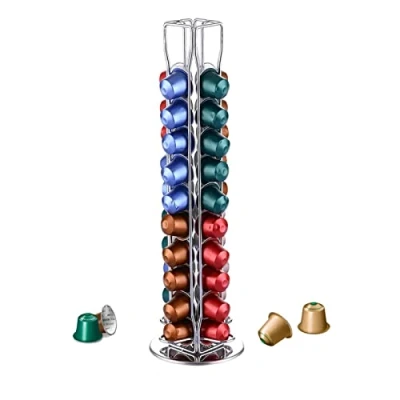 Afbeelding van YGJT capsulehouder voor 40 stuks Nespresso koffiecapsules, 360 draaibaar, capsuledispenser, opslag, ruimtebesparend, roestvrij zilver en chroom (capsules niet inbegrepen)