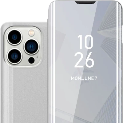 Afbeelding van Cadorabo Hoesje geschikt voor Apple iPhone 14 PRO MAX in AGAAT ZILVER Clear View Spiegel Beschermende Case met Tribunefunctie 360 Graden Bescherming Book Cover Etui