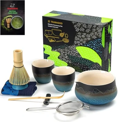 Afbeelding van TEANAGOO Matcha Set Klopper Kom met Schenktuit Schep Houder Thee Making Kit. Japanse theeset (7st) + 2 kopjes (5.6oz), S33, Gradient Navy Black, kleurendoos...
