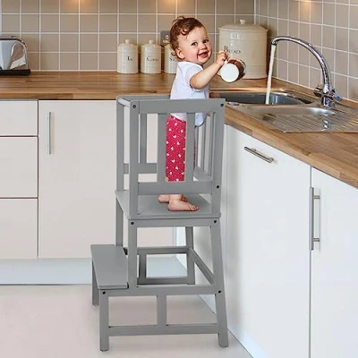 Afbeelding van COSYLAND Montessori Leertoren voor kinderen, FSC gecertificeerd, natuurlijk bamboe, stijlvolle kantelbescherming, leertoren, hoogste veiligheid, vanaf 1 jaar, keuken, tafel, badkamer (grijs)