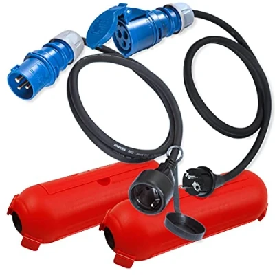 Afbeelding van IntuiFlex CEE Adapter Schuko stekker koppeling 1,5 m beschermbox/kabelbox set rood campingaccessoires boot camper caravan rubberen kabel H07RN F 3 x 2,5 mm 230 V 16 A stroomadapter campingstekker