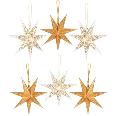 Afbeelding van BRUBAKER 6 papieren sterren Kerstmis poinsettia decoratieset 20 cm vouwsterren goud wit grote boomdecoratie kerstboomversiering kerstboom en raamdecoratie
