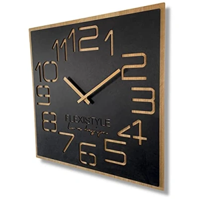 Afbeelding van FLEXISTYLE Wandklok groot houtlook hout Digits ECO, vierkante stilte, woonkamer, slaapkamer, Made in EU (zwart, 60 cm)