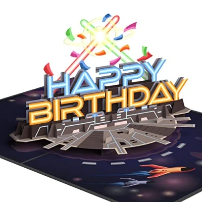 Afbeelding van papercrush® Pop upkaart, galactische verjaardag, 3D verjaardagskaart met lichtzwaarden in de ruimte, grappige wenskaart voor verjaardag jongens en mannen, Happy Birthday kaart vriend