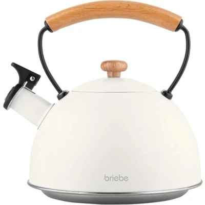 Afbeelding van briebe Nordic Waterketel Inductie, Fluitketel 2,3 L, Roestvrijstalen, Houten Handvat Cool Touch Theepot Keuken, Glaskeramische kookplaat, Gas, Elektrische Vintage Teapot, Wit