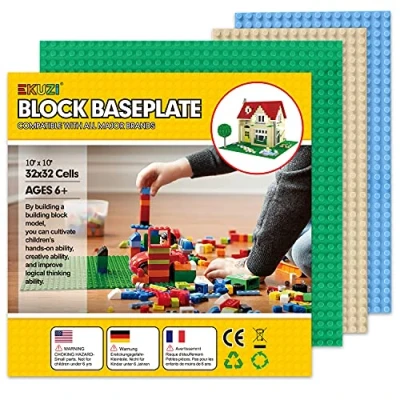 Afbeelding van EKUZI classic Bouwplaat Basisplaat, Compatibel met lego bouwstenen, 3 platenset bodemplaat is 32x32 basisplaten &amp; 32x16 baseplate, groene blauwe Zandkleur grondplaat