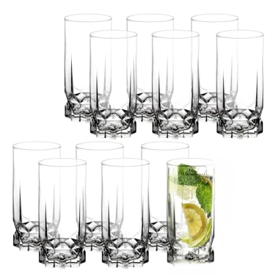 Afbeelding van KADAX Drinkglazen van hoogwaardig glas, set 12, waterglazen, dikwandige sapglazen, geribbelde glazen voor water, drank, sap, party, cocktailglazen, drankglazen (set 325 ml hoog)