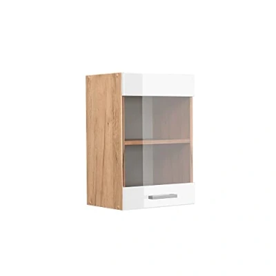 Afbeelding van Vicco Glazen keukenkast R Line, Wit Hoogglans/Bruin, 40 cm