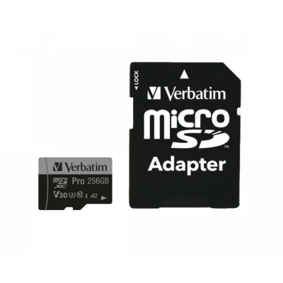 Afbeelding van Verbatim Pro microSDXC kaart 256 GB UHS Class 3 4K video ondersteuning, A2 vermogensstandaard, Incl. SD adapter, Schokbestendig, Waterdicht