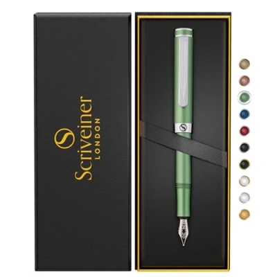 Afbeelding van Scriveiner Luxus EDC Füllfederhalter (Fein), Mattgrün Taschenfüller, verchromt, deutsche Schmidt Mine, Konverter, Schreibgeräte Geschenkset für Mann und Frau, schicker Designerstift fürs Büro