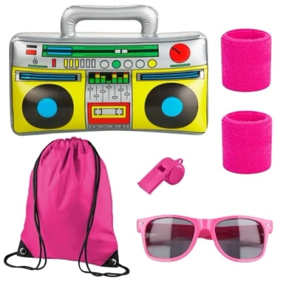 Afbeelding van 5 in 1 retro roze set met hoofdband &amp; boom box etc. als accessoire mullet kostuum voor neon 80s 90s verkleedkleding carnaval