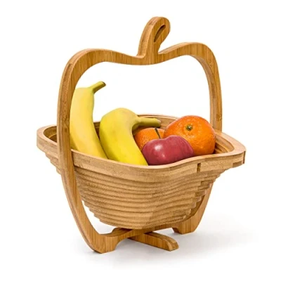 Afbeelding van Relaxdays fruitschaal appel fruitmand opvouwbaar bamboe onderzetter decoratie
