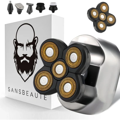 Afbeelding van 6 in 1 Scheerapparaat Mannen + Extra Scheerkop Trimmer Tondeuse Sansbeauté® SkullSharp Platinum Skull Shaver Electric Face &amp; Head Hoofd Kaal Scheren Nat Droog Elektrisch