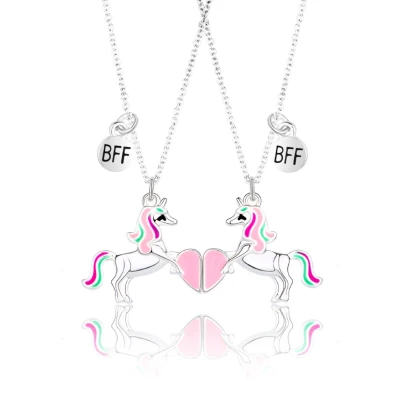 Afbeelding van Bixorp Friends BFF Ketting voor 2 met Eenhoorns &amp; Hartje Magnetisch Zilverkleurig Vriendschapsketting