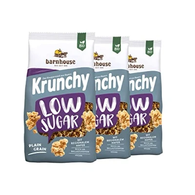 Afbeelding van Barnhouse Krunchy Low Sugar Plain Grain, suikerarme biologische haver notenmuesli uit Beieren, basissoort, 3 x 375 g