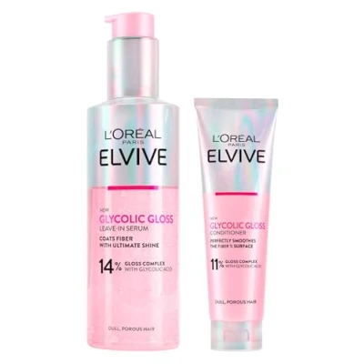 Afbeelding van L&#039;Oréal Paris Elvive Glycolic Gloss Elseve Conditioner met Glycolzuur Voor Glanzend en Dof Haar 150ml + Serum Haarverzorging Intensieve Soepelheid Ultieme Glans 2 Flessen