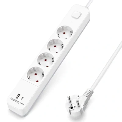 Afbeelding van Aigostar 20BW2 Stekkerdoos Met USB en schakelaar 4 voudig 5 meter randaarde 2 (1type A + 1type C) Verlengsnoer Verlengkabel Wit