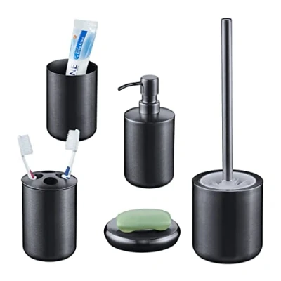 Afbeelding van Relaxdays badkameraccessoires 5 delige set badkamerset modern rvs antraciet