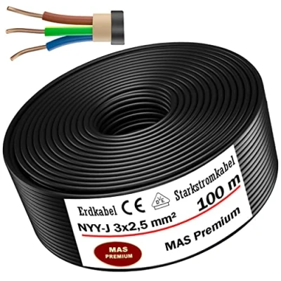 Afbeelding van MAS Premium® aardkabel, Duitse merk, elektrische kabel, ring voor installatie in de aarde en buiten, standaard sterstroomkabel (NYY J 3 x 2,5 mm², 100 m)