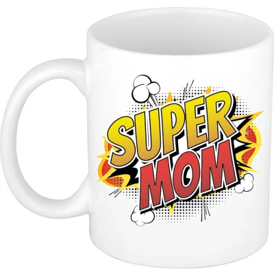 Afbeelding van Super mom cadeau mok / beker wit kado voor mama moederdag popart strip stijl feest mokken