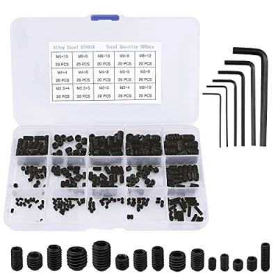 Afbeelding van QIMEI SHOP Madeschroeven assortiment M2.5 M3 M4 M5 M6 M8 schroeven schroefdraadpenset gelegeerd koolstofstaal met inbussleutel zwart 300 stuks