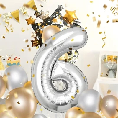 Afbeelding van Verjaardagsgetallen ballon 6 jaar folieballon kinderverjaardag decoratie XXL zilveren enorme in 40 inch 101 cm verjaardagsdecoratie cijfer voor verjaardag vliegt